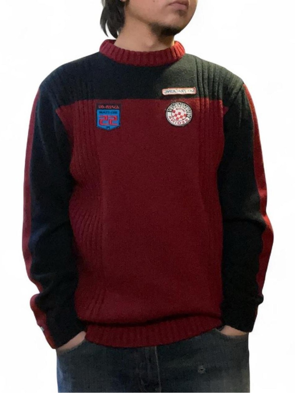 Vintage Point Zero Orange Label Ski Tracking Patchwork‎ Knit Sweater
